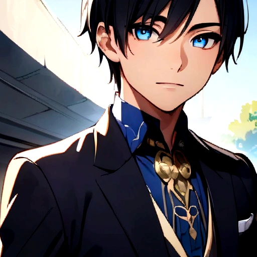 Anime boy with short black hair and blue eyes Mystical version