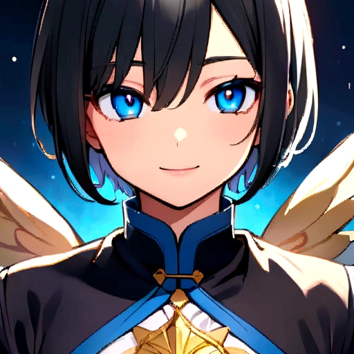 Anime boy with short black hair and blue eyes Mystical version