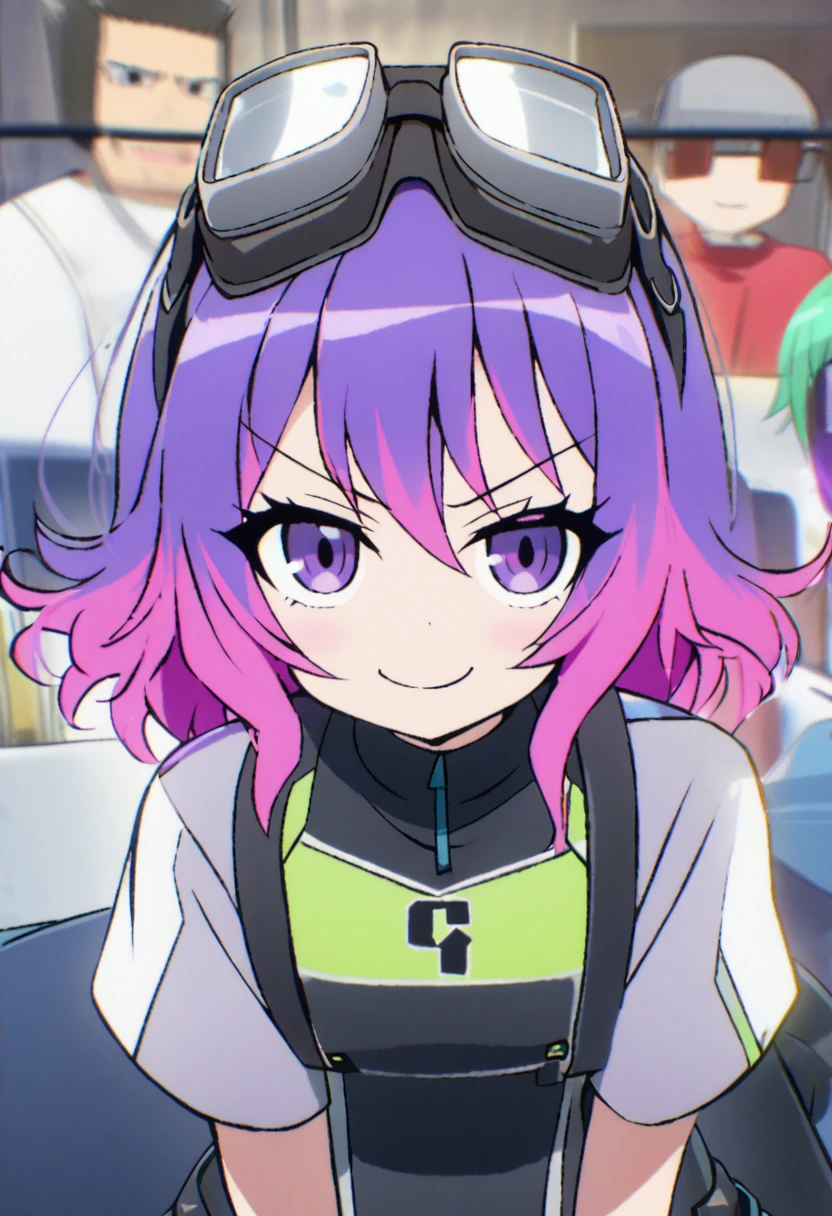 zPDXL, score_9, score_8_up, score_7_up, source_anime,Ramona, pink hair, purple hair , multicolored hair, gradient hair, goggles, goggles on head , scttp, looking at viewer, smirk, amused
