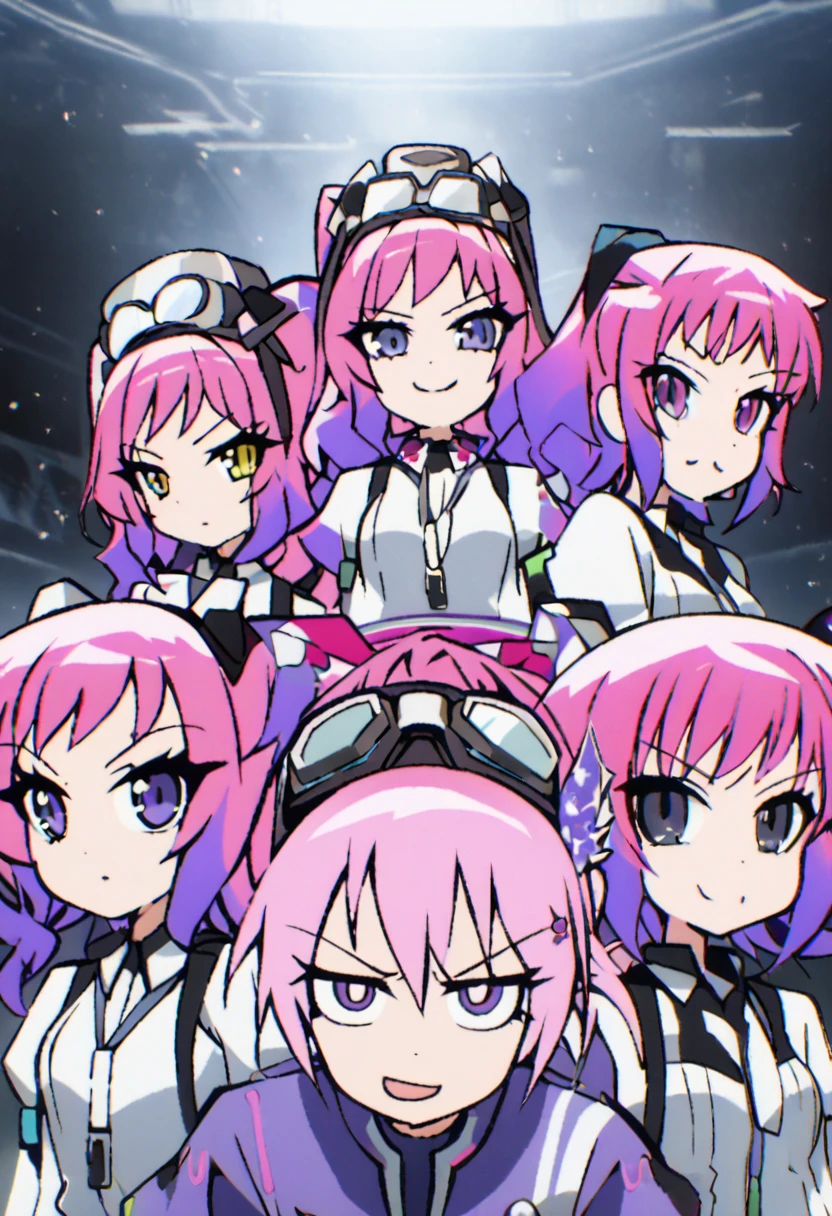zPDXL, score_9, score_8_up, score_7_up, source_anime,Ramona, pink hair, purple hair , multicolored hair, gradient hair, goggles, goggles on head , scttp, looking at viewer, smirk, amused