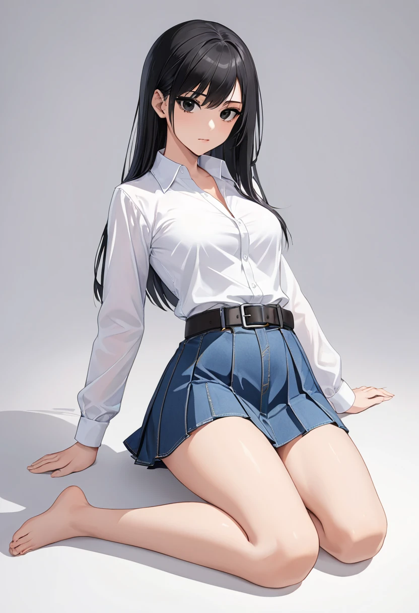 mini skirt , bare foot , white dress shirt , face , denim skirt , assassin , whole body , bare legs ,black hair , black eyes , straight hair , thighs , whole body , pleated skirt , sexy women , long sleeves , waist belt , casual , kneeling , sitting straight