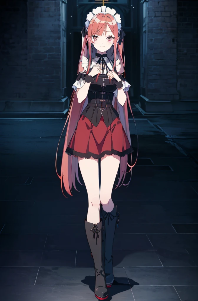 [(cathedral background:1.4)::5],original,(illustration:1.1),(best quality),(masterpiece:1.1),(extremely detailed CG unity 8k wallpaper:1.1), (colorful:0.9),(mid shot:0.95),(full body:1.5),Dynamic angle,(solo:1.2), (girl),((adult)), (detailed beautiful eyes:1.15), (beautiful face:1.15), (glowing red eyes:1.25////),((red medium hair)),(blunt bangs),(high twintails),(+perfect hand+:1.21),(Draw an illustration of a gothic girl),(Religious),(slender),(is wearing boots on her feet),((is wearing white maid clothes)),(furious), Lace Off-shoulder lolita fashion,beautiful slender woman,((evil smile)),adult,thin legs,((red hair)),((mini skirt)),((mini skirt)),((black boots)),((black boots)),((black boots)),