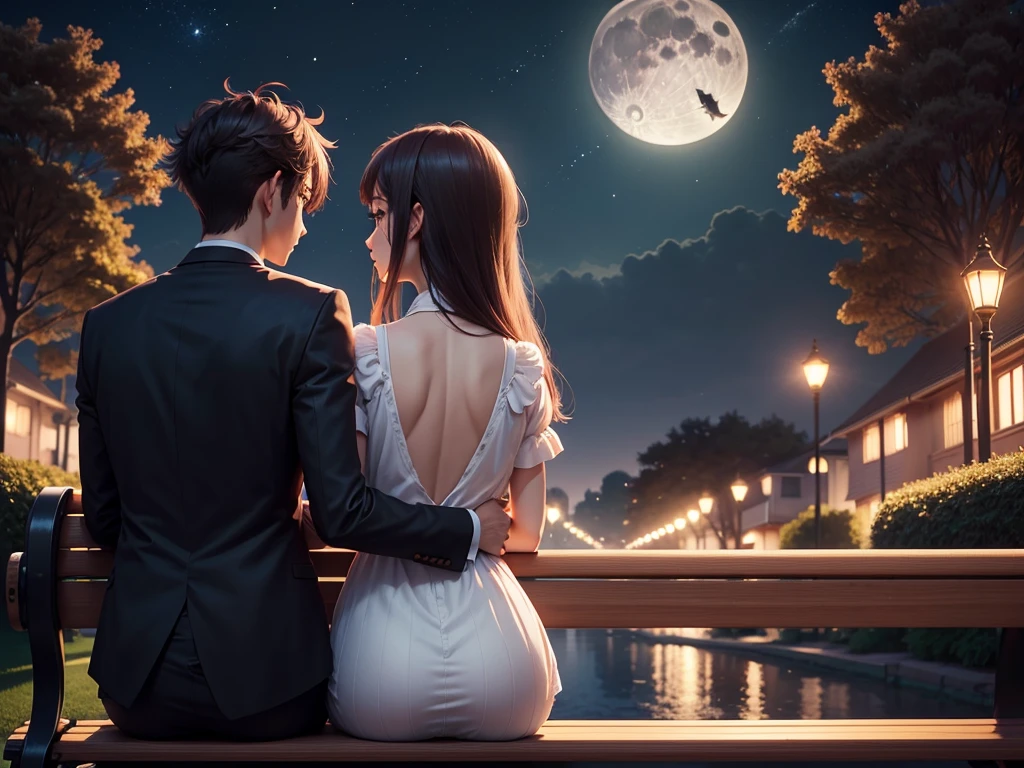 Back view, Anime style, a couple sitting on a bench in the park, at night, (Valentine mood :1.2), full moon, heart-shaped shadow on the moon