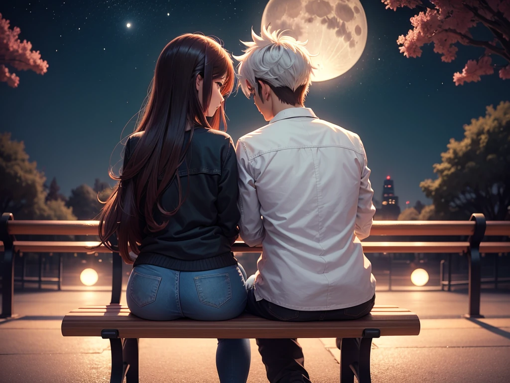 Back view, Anime style, a couple sitting on a bench in the park, at night, (Valentine mood :1.2), full moon, heart-shaped shadow on the moon