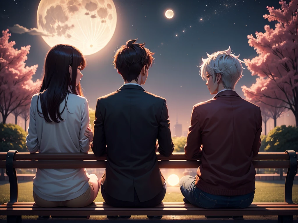 Back view, Anime style, a couple sitting on a bench in the park, at night, (Valentine mood :1.2), full moon, heart-shaped shadow on the moon
