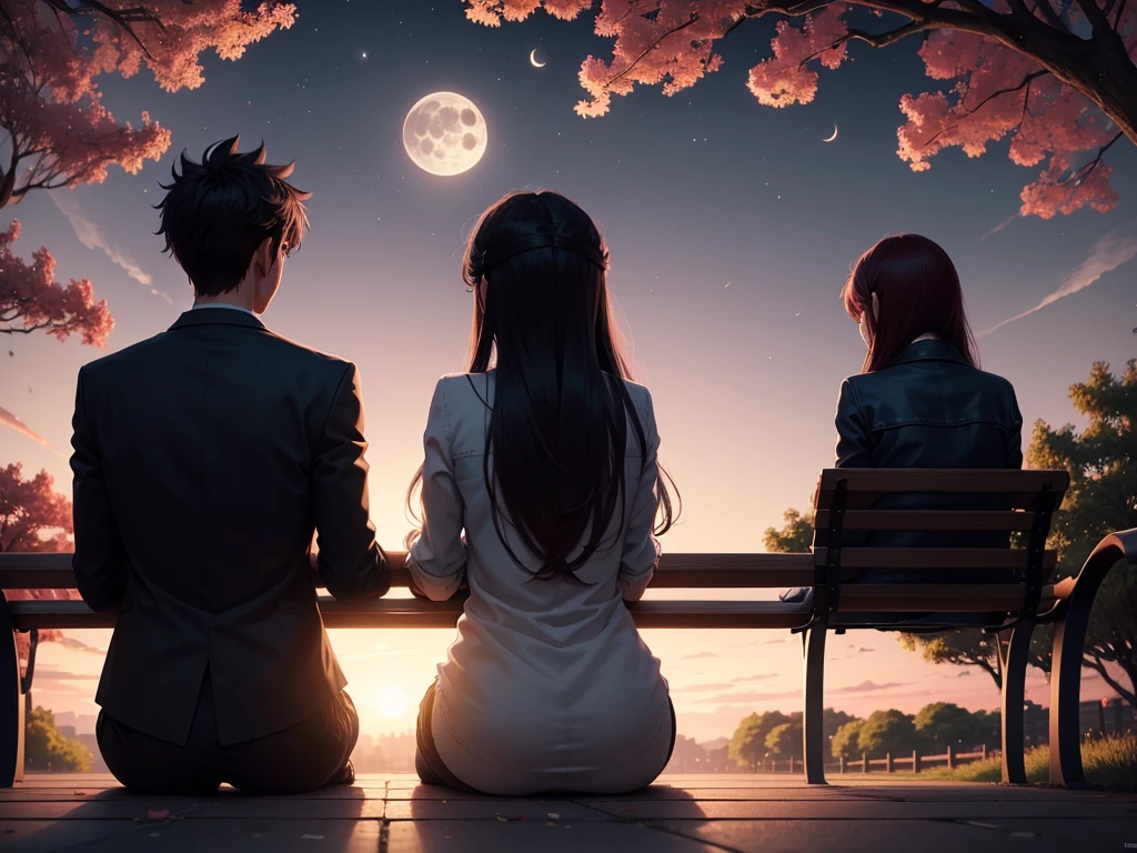 Back view, Anime style, a couple sitting on a bench in the park, at night, (Valentine mood :1.2), full moon, heart-shaped shadow on the moon