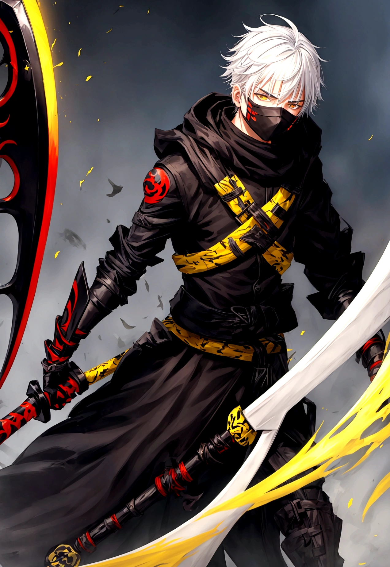 17 year old man with white hair, brown eyes, wearing a black ninja suit with yellow stripes with a red and black scythe and a mask that covers his mouth.