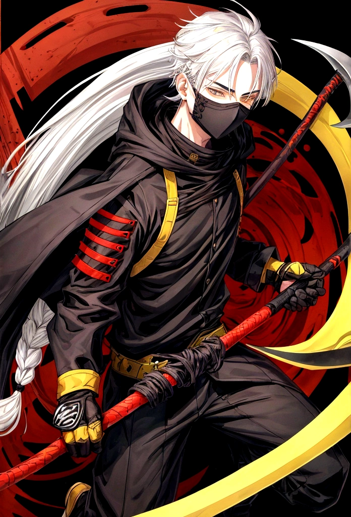  17 year old man with white hair, brown eyes, wearing a black ninja suit with yellow stripes with a red and black scythe and a mask that covers his mouth.