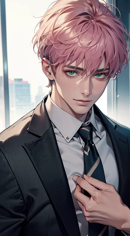 (Highest quality,4K,8K,High resolution,masterpiece:1.2),Super detailed,(Realistic,photoRealistic,photo-Realistic:1.37),1 person,31 years old,Mature Men,Beautiful skin、very handsome,Expressionless smile in love,Short pink hair,green eyes,Sharp Eyes,A perfect face without a doubt,Businessman,Office Background,Cinema Lighting,HDR image,tie、