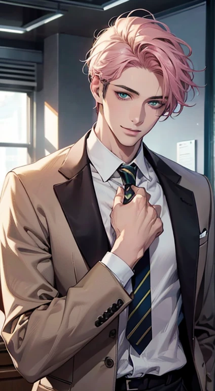 (Highest quality,4K,8K,High resolution,masterpiece:1.2),Super detailed,(Realistic,photoRealistic,photo-Realistic:1.37),1 person,31 years old,Mature Men,Beautiful skin、very handsome,Expressionless smile in love,Short pink hair,green eyes,Sharp Eyes,A perfect face without a doubt,Businessman,Office Background,Cinema Lighting,HDR image,tie、