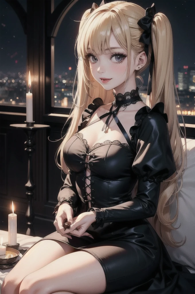 One girl, Stop 4_(death note), The central girl, Perfect body, Perfect hands, holding a Black Note, Black and white roses, hair ornaments, Twin tails, Black roses in her hair, Blonde, Long Hair, Sit on the bed, Black Dress, Candles, ta Dress, Gothic architecture, Gothic design house, Gothic style, Gothic Dress, Details of her outfit, golden details, night, smile, a Black Note on her hand, Gothic aesthetics, Gothic architecture, black Loliress, Candles, Eating chocolate, Black Note, Silver Jewelry