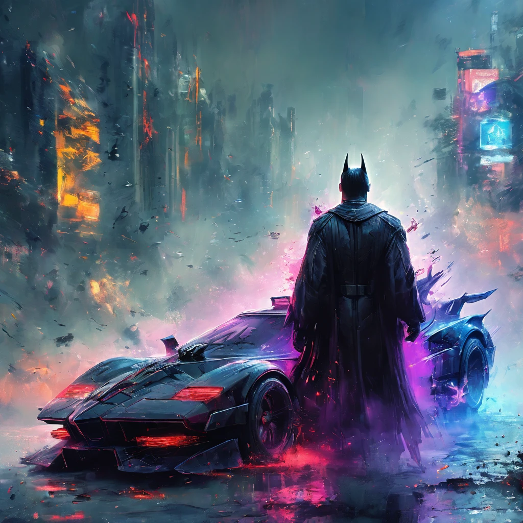 (masterpiece, 8K, UHD, high resolution: 1.4), (retro-futuristic Batmobile inspired by 80s cars: 1.3), (neon lights and vivid color details: 1.3), (sleek and angular design: 1.2), (Batman standing next to the car, ready for action: 1.2), (dark and brooding atmosphere: 1.2), (neon-lit cityscape in the background: 1.1), (glowing accents in purple, blue, and red: 1.2), (dynamic pose and intense expression: 1.2), (atmosphere of anticipation and readiness: 1.3), (detailed and intricate design: 1.3), (elements of retro and futuristic aesthetics: 1.2), (immersive and dramatic perspective: 1.3)