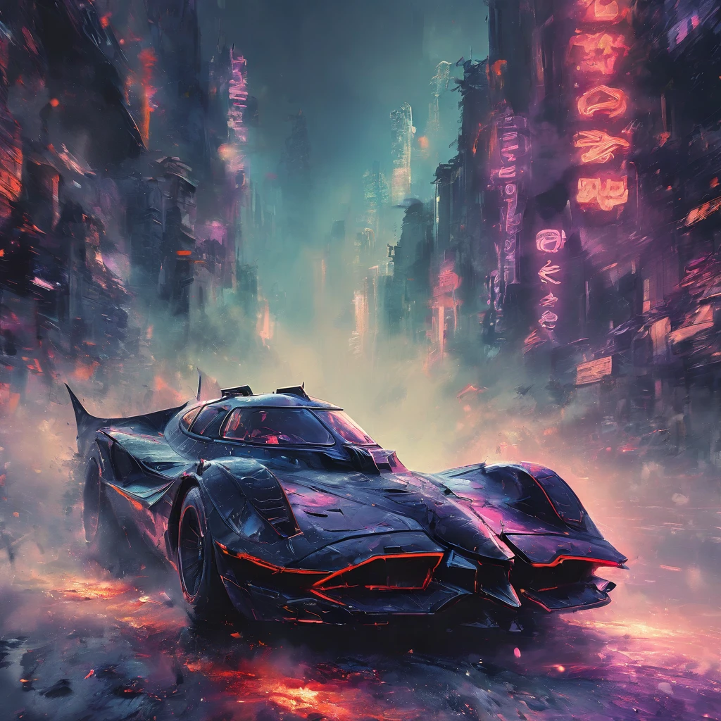 (masterpiece, 8K, UHD, high resolution: 1.4), (retro-futuristic Batmobile inspired by 80s cars: 1.3), (neon lights and vivid color details: 1.3), (sleek and angular design: 1.2), (Batman standing next to the car, ready for action: 1.2), (dark and brooding atmosphere: 1.2), (neon-lit cityscape in the background: 1.1), (glowing accents in purple, blue, and red: 1.2), (dynamic pose and intense expression: 1.2), (atmosphere of anticipation and readiness: 1.3), (detailed and intricate design: 1.3), (elements of retro and futuristic aesthetics: 1.2), (immersive and dramatic perspective: 1.3)