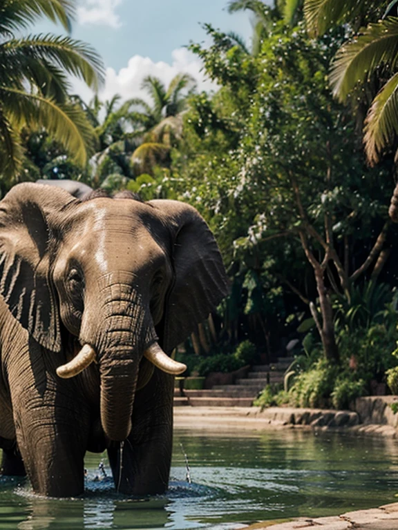 (masterpiece, best quality, 8k, sharp focus, depth of field, best shadows, perfect lights, HDR, realistic skin texture, ultra-detailed background, detailed), It features two elephants in a lush green environment with water and foliage. An elephant is in the background near the water, while another big elephant is prominently shown in the foreground with its trunk touching a phone, towards the viewer, showing the viewer a green screen of the phone. and look smile happy