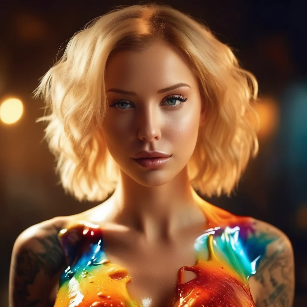 Beautiful blonde woman, with wax dress melting and dripping down the body (masterpiece: 1.2), (best quality), 4k, ultra-detailed, (dynamic composition: 1.4), highly detailed, colorful details, (iridescent colors: 1.2), (bright lighting, atmospheric lighting), dreamy, magical, (solo: 1.2)