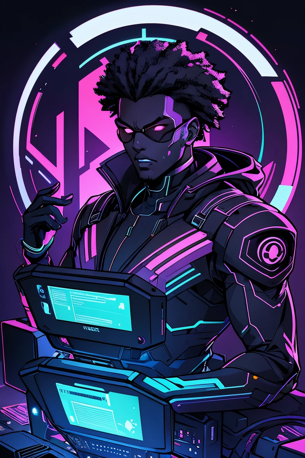 black man computer hacker, Cyberpunk, epic illustration, vector, 2d illustration, black background, very colorful, full gradient modern colors, Focused, front view