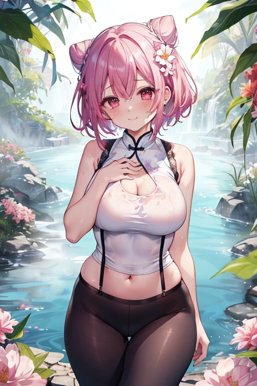 tmasterpiece、Need、1female、Blue cheongsam，Ancient style China、 White cloth bun bun bun、Shoulder leakage、The chest is large、chubbiness、ssmile、Black suspender tights、lace leggings、pale pink lip、hot springs，（drenched all over the body），legs are open， 独奏, White polo shirt, looking at viewert, (Thigh thick:1.0),Yazawa Nico,red eyes, face flushed,Blunt hair,both hands on hip，greet，Flower headdreslack suspender tights，dance，short hair，garden，(((Side breast leakage，Side chest leakage，Bare arms，Bare arms，Arm leakage)))，(((Bare side chest，Overflowing breasts)))，Grinning