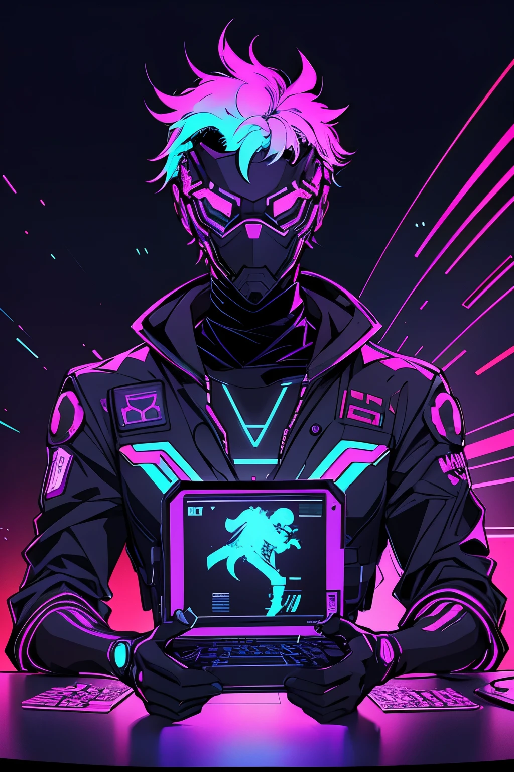 black man computer hacker, Cyberpunk, epic illustration, vector, 2d illustration, black background, very colorful, full gradient modern colors, Focused, front view