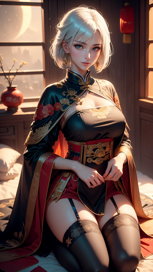A very beautiful 19 year old woman, ((white hair)), bob haircut, shorth hair, ((big yellow eyes:1,2)) ((light light golden eyes:0,5)) ((Glowing gold Eyes:0,5)) red nails, young and beautiful face, brawny, slim body, but well proportioned, perfect white skin, high detailed drawing, lifelike face. (((Wearing traditional Chinese imperial clothing, black with gold decorations:1,5))) ((black clothes with gold details:0,5)) ((black cloak with golden decorations:0,5)) ((black dress with gold details,)) (((red skirt com detalhes dourados:1,5))) ((red skirt with gold details:0,5)) ((red skirt:0,3)) ((with red Hanafuda earrings:0,5)) ((black garter belt with thigh high stockings:0,3)) Kneeling on a white bed in an ancient Chinese room, with full moon and stars visible through the window at night, with flashes of light reflecting off your body. 4k anime art, perfect lighting.