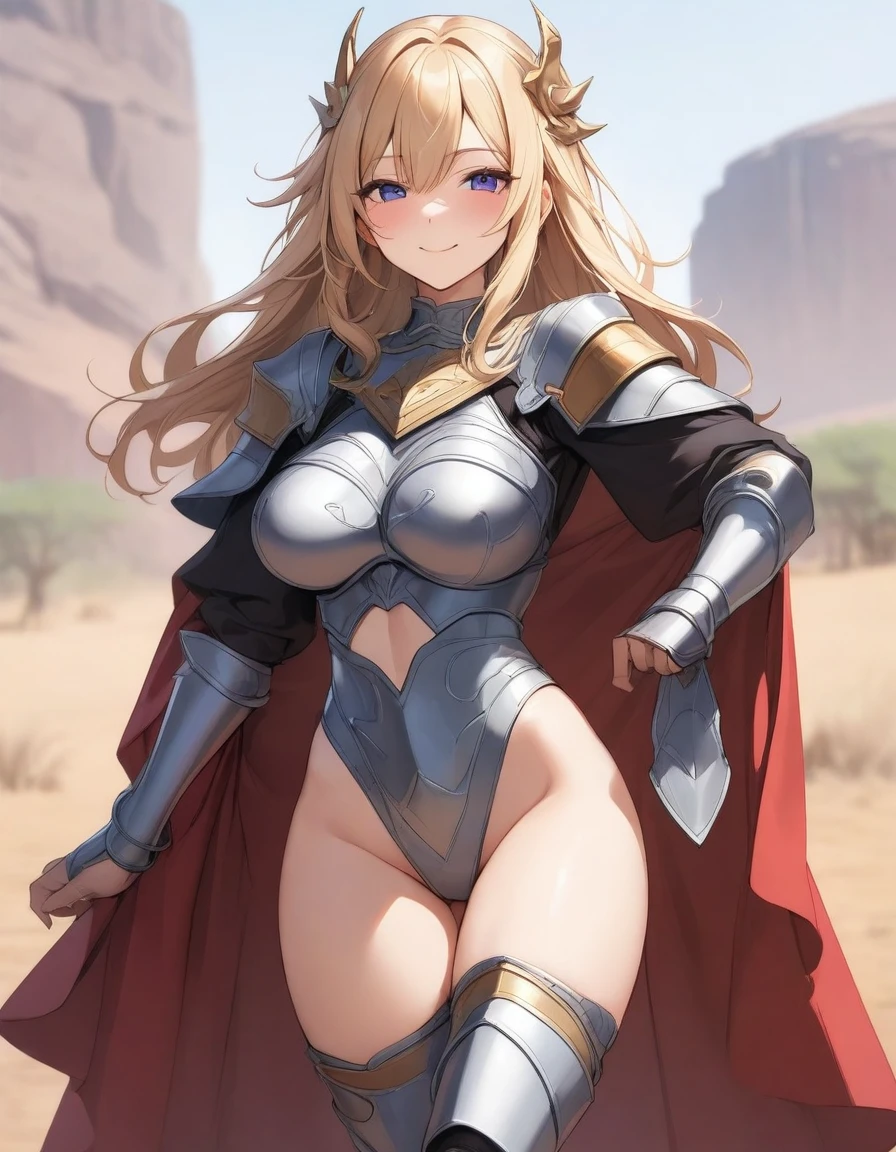 ((Highest quality、、masterpiece:1.3)), Upper Body、Long legs、Sharp focus:1.2, Beautiful woman with perfect figure:1.4、Big Breasts, (Smiling:1.2), double eyelid、30-year-old female、Sexy pose、((((Western Armor Costume、Plains))))、Blue Eyes,(((Close your mouth、Standing posture)))、One Woman