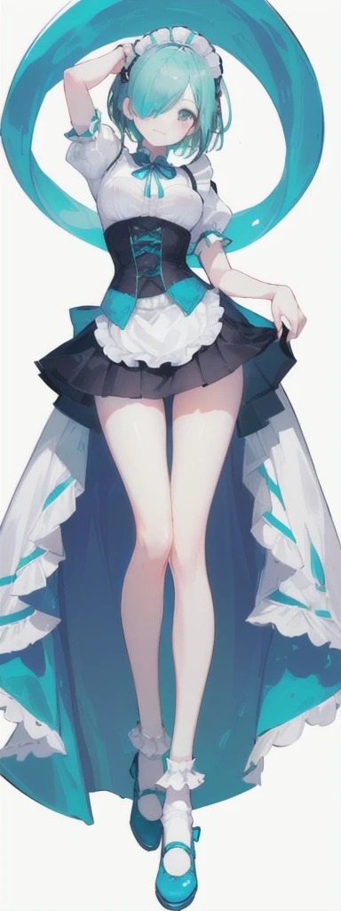 (short hair) cyan eyes, (Eyes behind long bangs) big breasts, using accessories (using socks) perfect shiny beautiful cyan shoes (Wearing luxurious palace maid clothes Perfect perfect noble) Pose facing sideways (Girl1, straight hair not too long, bangs covering one eye, soft face, gentle smile) ((Standing position with long legs, bare thighs, image position visible from bottom of feet to top of head) SHORT blue hair, beautiful cyan eyes (Free pose, right hand down, left hand down, ((Free pose))smile kawai, (blank white background) Wearing a blue corset, (Using a beautiful bright blue ribbon) Kawai shy cute eyes (cyan colored shoes must be shiny, Must wear short white socks) ((short skirt)) short sleeves (image according to tag)