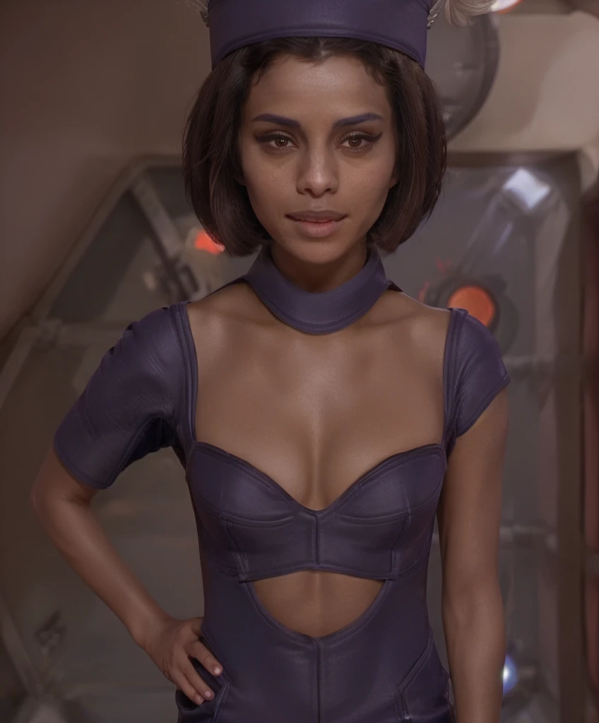 Nicola Bryant, nude, curvy, hairy pussy, long labia, natural breasts, pageboy haircut, oiled skin, tan lines, 80s style, sci-fi, Doctor Who, TARDIS, sonic screwdriver, hexagonal wall tiles, neon lights, futuristic,