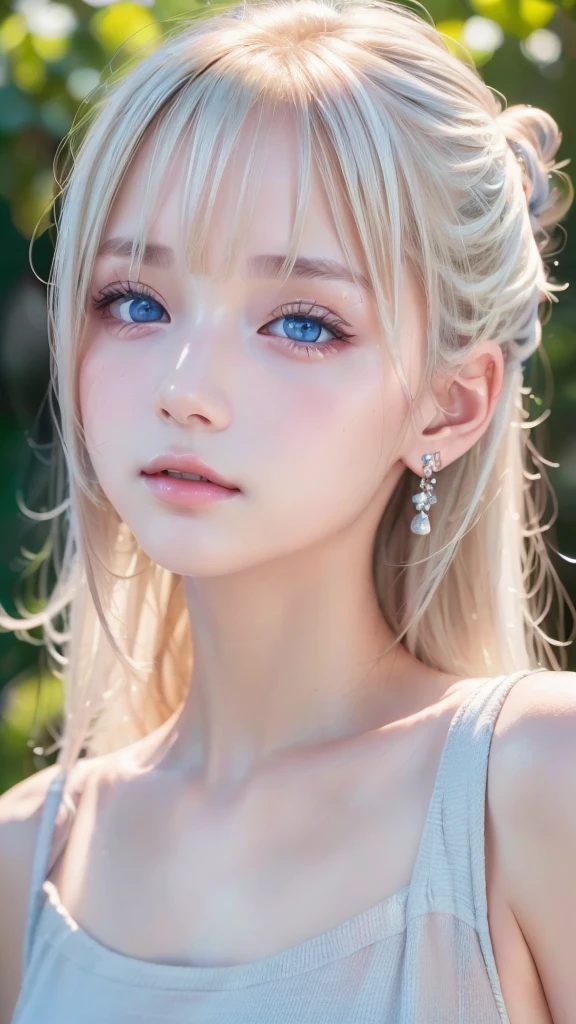 ((sfw: 1.4)), (( detailed face, cute face, detailed face, professional photography)), ((from side)), (( off-the-shoulder top)), (( Shiny platinum blonde silk hair, beautiful shiny bangs, big clear sky blue eyes, very beautiful bright eye highlights, earrings, 1 Girl)), Ultra High Resolution, (Realistic: 1.4), RAW Photo, Best Quality, (Photorealistic Stick), Focus, Soft Light, ((15 years old)), (( (young face))), (surface), (depth of field), masterpiece, (realistic), woman, bangs, ((1 girl))