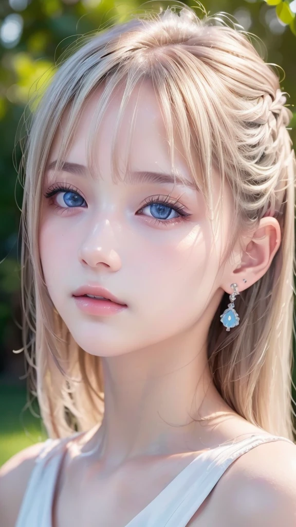 ((sfw: 1.4)), (( detailed face, cute face, detailed face, professional photography)), ((from side)), (( off-the-shoulder top)), (( Shiny platinum blonde silk hair, beautiful shiny bangs, big clear sky blue eyes, very beautiful bright eye highlights, earrings, 1 Girl)), Ultra High Resolution, (Realistic: 1.4), RAW Photo, Best Quality, (Photorealistic Stick), Focus, Soft Light, (()), (( (young face))), (surface), (depth of field), masterpiece, (realistic), woman, bangs, ((1 girl))