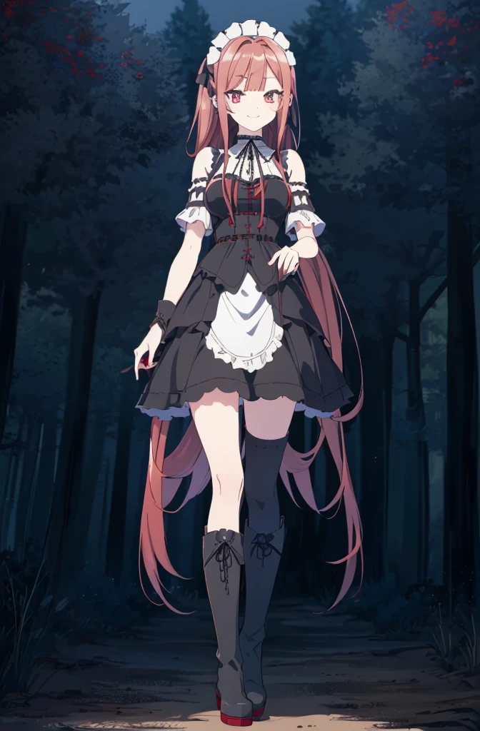 [(dark forest background:1.4)::5],original,(illustration:1.1),(best quality),(masterpiece:1.1),(extremely detailed CG unity 8k wallpaper:1.1), (colorful:0.9),(mid shot:0.95),(full body:1.5),Dynamic angle,(solo:1.2), (girl),((adult)), (detailed beautiful eyes:1.15), (beautiful face:1.15), (glowing red eyes:1.25////),((red medium hair)),(blunt bangs),(high twintails),(+perfect hand+:1.21),(Draw an illustration of a gothic girl),(Religious),(slender),(is wearing boots on her feet),((is wearing white maid clothes)),(furious), Lace Off-shoulder lolita fashion,beautiful slender woman,((evil smile)),adult,thin legs,((red hair)),((mini skirt)),((mini skirt)),((black boots)),((black boots)),((black boots)),