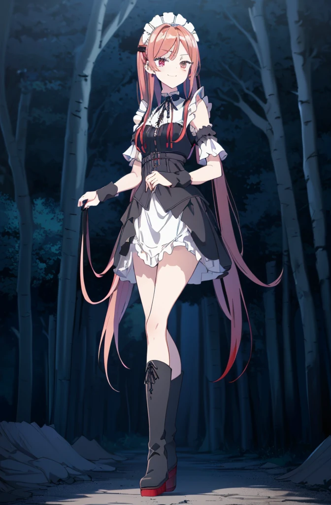 [(dark forest background:1.4)::5],original,(illustration:1.1),(best quality),(masterpiece:1.1),(extremely detailed CG unity 8k wallpaper:1.1), (colorful:0.9),(mid shot:0.95),(full body:1.5),Dynamic angle,(solo:1.2), (girl),((adult)), (detailed beautiful eyes:1.15), (beautiful face:1.15), (glowing red eyes:1.25////),((red medium hair)),(blunt bangs),(high twintails),(+perfect hand+:1.21),(Draw an illustration of a gothic girl),(Religious),(slender),(is wearing boots on her feet),((is wearing white maid clothes)),(furious), Lace Off-shoulder lolita fashion,beautiful slender woman,((evil smile)),adult,thin legs,((red hair)),((mini skirt)),((mini skirt)),((black boots)),((black boots)),((black boots)),