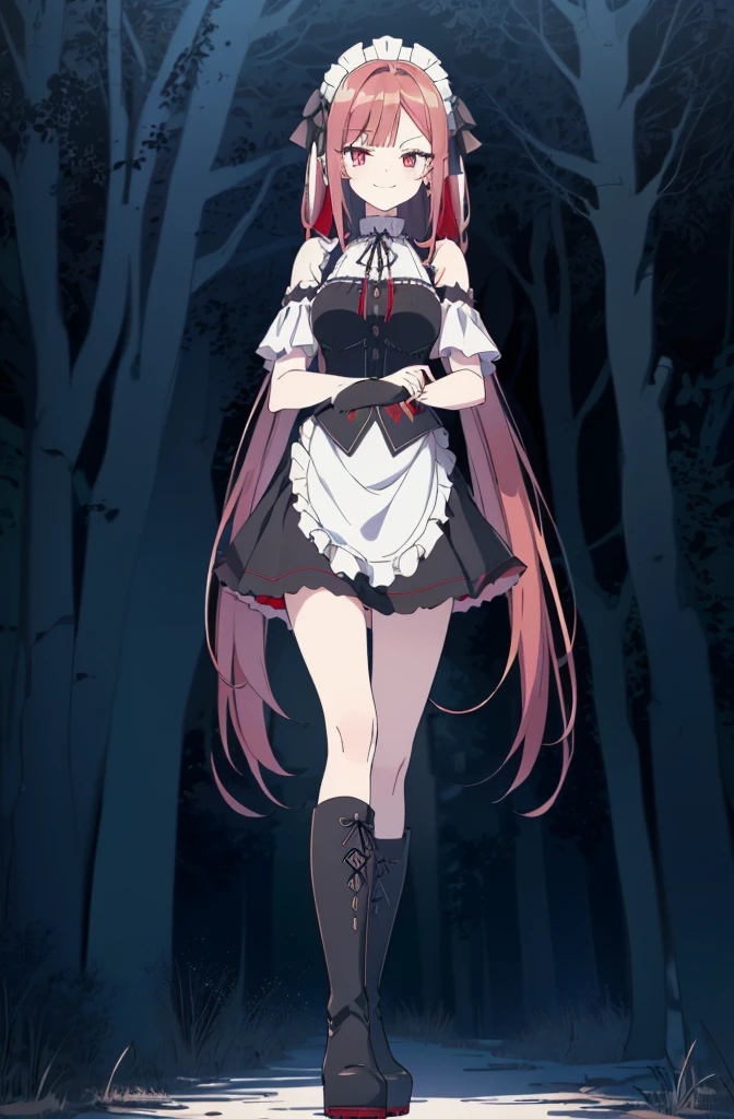 [(dark forest background:1.4)::5],original,(illustration:1.1),(best quality),(masterpiece:1.1),(extremely detailed CG unity 8k wallpaper:1.1), (colorful:0.9),(mid shot:0.95),(full body:1.5),Dynamic angle,(solo:1.2), (girl),((adult)), (detailed beautiful eyes:1.15), (beautiful face:1.15), (glowing red eyes:1.25////),((red medium hair)),(blunt bangs),(high twintails),(+perfect hand+:1.21),(Draw an illustration of a gothic girl),(Religious),(slender),(is wearing boots on her feet),((is wearing white maid clothes)),(furious), Lace Off-shoulder ta fashion,beautiful slender woman,((evil smile)),adult,thin legs,((red hair)),((mini skirt)),((mini skirt)),((black boots)),((black boots)),((black boots)),