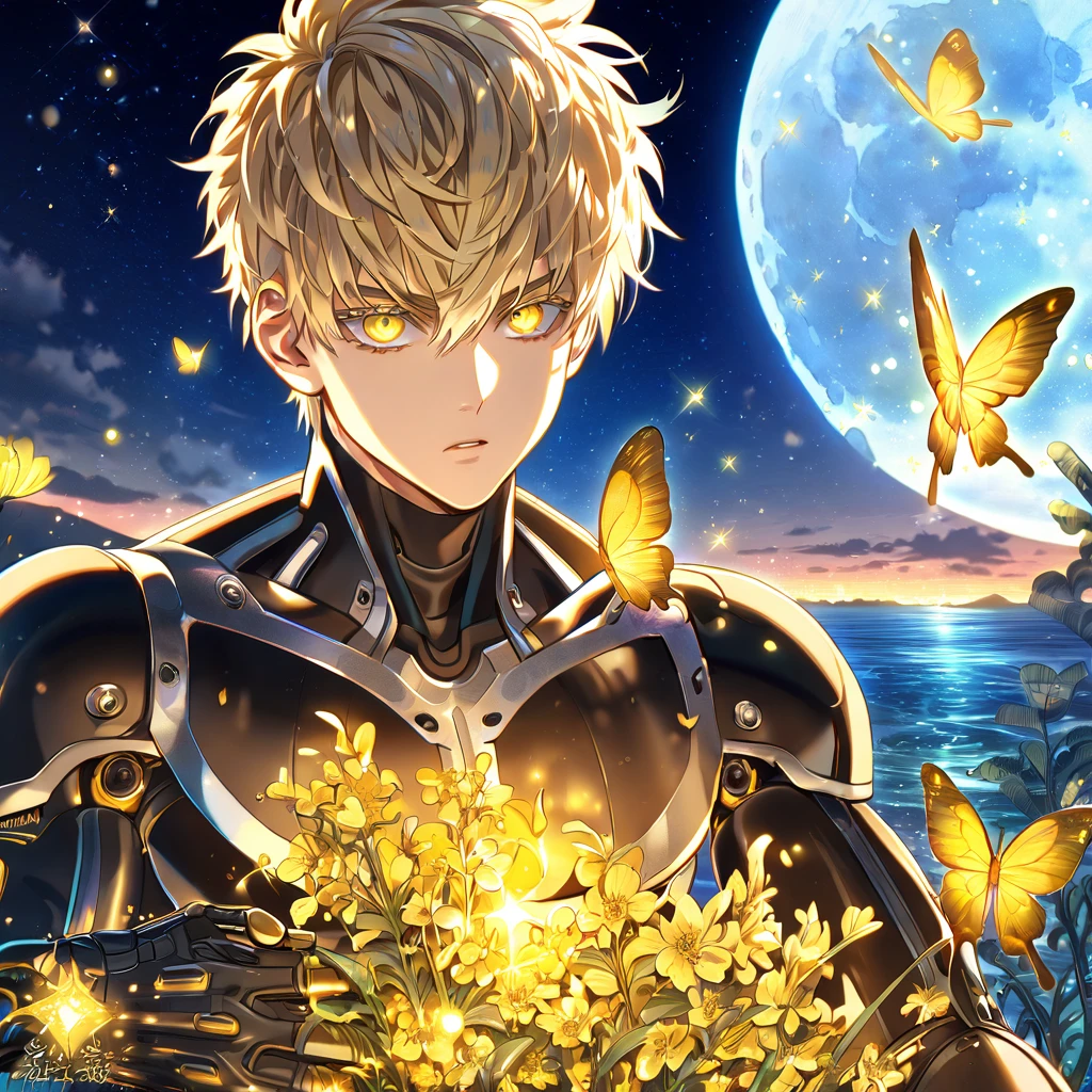 absurdres, highres, ultra detailed, HDR, master piece, best quality, extremely detailed, Genos, ash-blonde hair, expressive yellow eyes, One Punch Man, solo, sexy man, handsome, black clothes, fantasy, water, sparkling, yellow glittering fireflies, moon, yellow flowers, yellow butterflies, starry sky