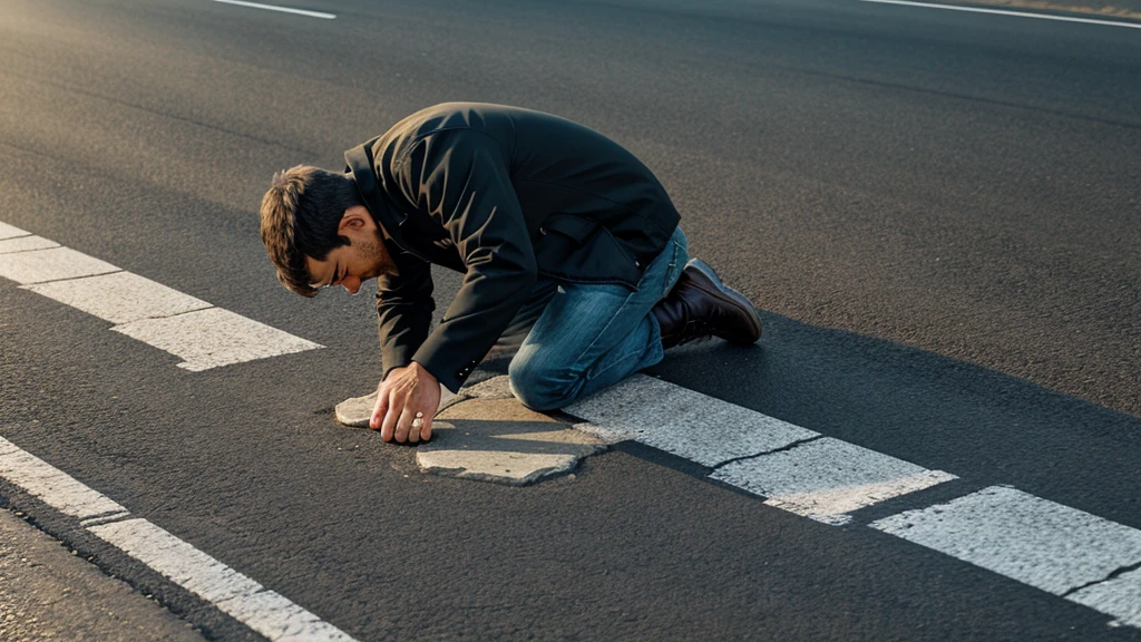 A man sees a shiny stone lying on the road, cartoon image 