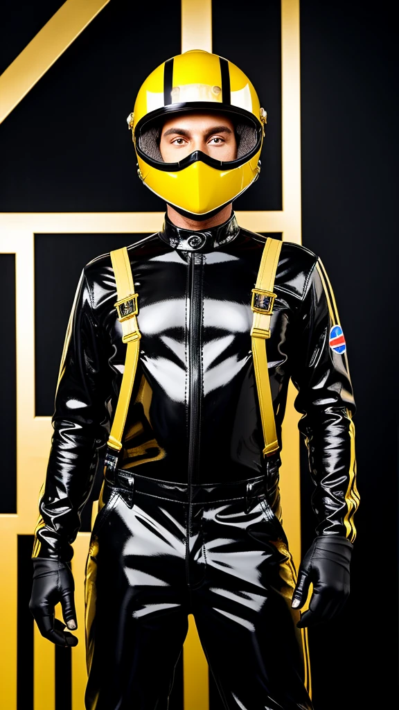 A avatar of a tall man, a misterious racer, stands trusting in a black racing helmet, adorned with gleaming gold accents, paired with sleek black overalls with a gold vertical stripes and vibrant black gloves, striking a victory pose. in a neutral background. High Quality, Realistic (Helmet) (right arm up)