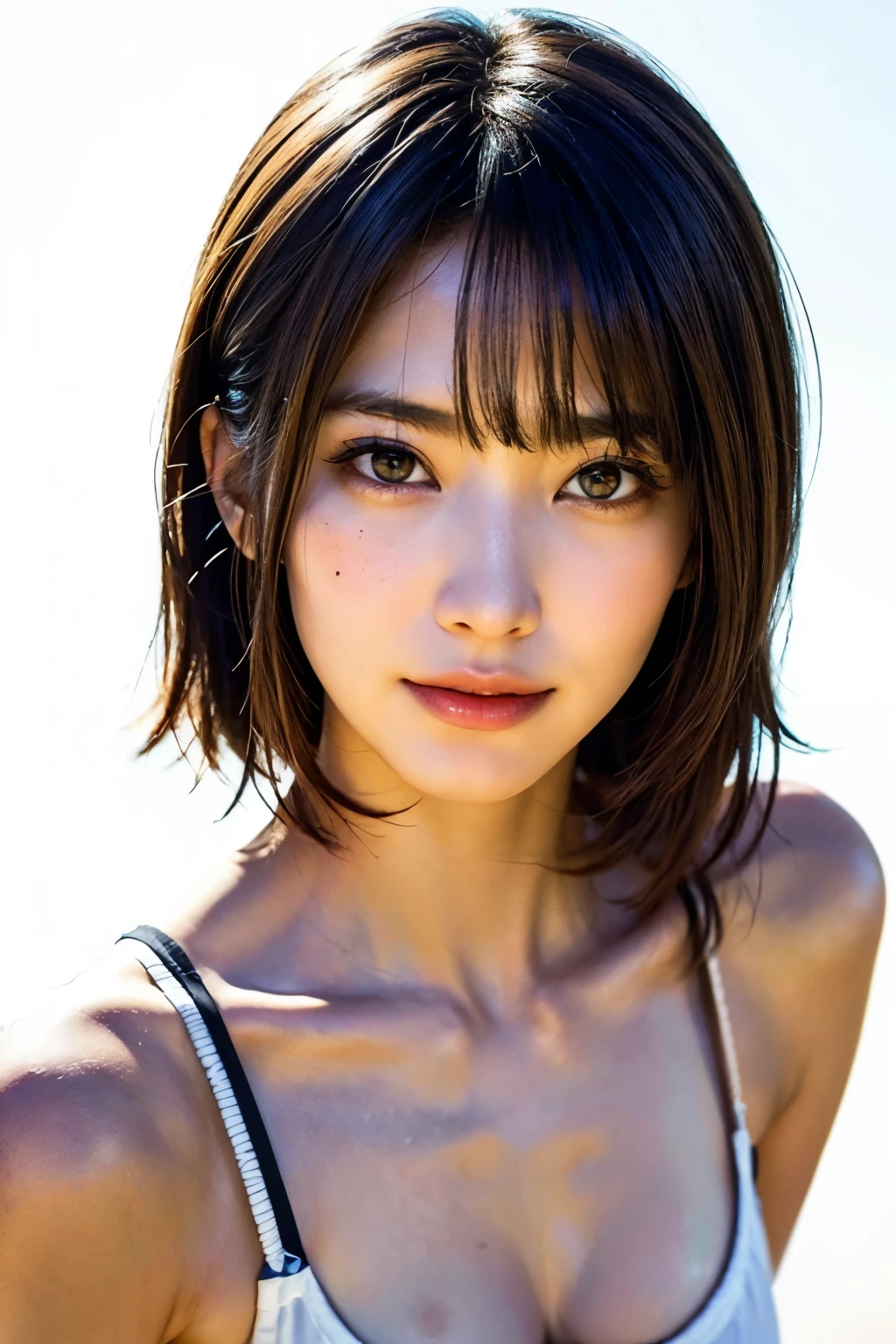 ((masterpiece, Highest quality, High resolution)), One Girl, (Realistic: 1.4), alone, White Background, snow-White Background, ((From above, A little above, look up at the viewer, look up, look up at the camera, Looking into the camera)), Mouth closed, Smile, Smile, Smile, Beautiful black hair, short hair, Big eyes, Transparent double eyelids, eyelash, Listen carefully, Long neck, Long neck, Absolute area, (Draw the whole head, shoulder), 19 years old, Attractive proportions, Shiny skin, Beautiful collarbone, Golden ratio face, Perfect Face, Tearful mole, Mole on chest, bangs, clean bangs, Lip gloss, Thin lips, Fair skin, naked, Big Breasts, Small face, Small face, Draw the whole head, draw all shoulder,