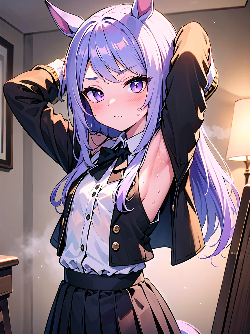 ((masterpiece,best quality)),high resolution,ultra detailed,8k,16k,detailed background, perfect lighting,detailed beautiful eyes,1girl,nsfw,embarrassed,blush,look at viewer,(from front),fisheye lens,(steam,sweat:1.2),confused,(nude,arms up,show off armpits,upper body:1.4),naughty face,wavy mouth ,MejiroMcQueen,purple eyes,light purple hair,short body,pale skin,small breast,house,(flat anime style),long hair,skinny,city,white shirt,black jacket,black skirt,horse ear