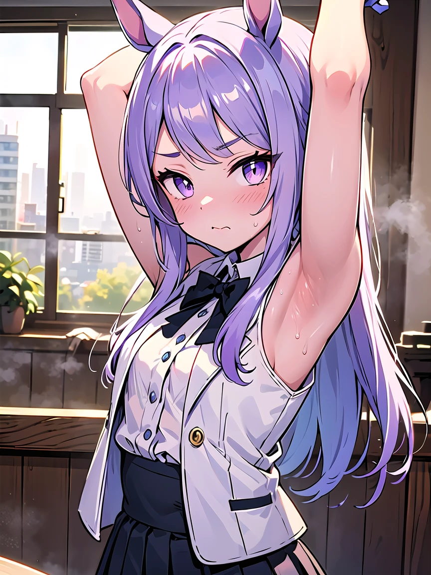 ((masterpiece,best quality)),high resolution,ultra detailed,8k,16k,detailed background, perfect lighting,detailed beautiful eyes,1girl,nsfw,embarrassed,blush,look at viewer,(from front),fisheye lens,(steam,sweat:1.2),confused,(nude,arms up,show off armpits,upper body:1.4),naughty face,wavy mouth ,MejiroMcQueen,purple eyes,light purple hair,short body,pale skin,small breast,house,(flat anime style),long hair,skinny,city,white shirt,black jacket,black skirt,horse ear