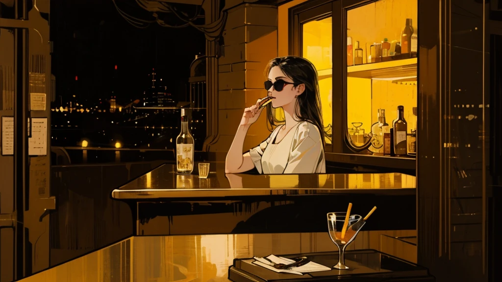 (masterpiece, Highest quality, Exquisite detail), An angle that captures the whole body, girl, alone, cool, Delicate face, The stylish, dimly lit interior of the bar，City of night, Holding a cigarette，Gazing into the distance, Wearing sunglasses