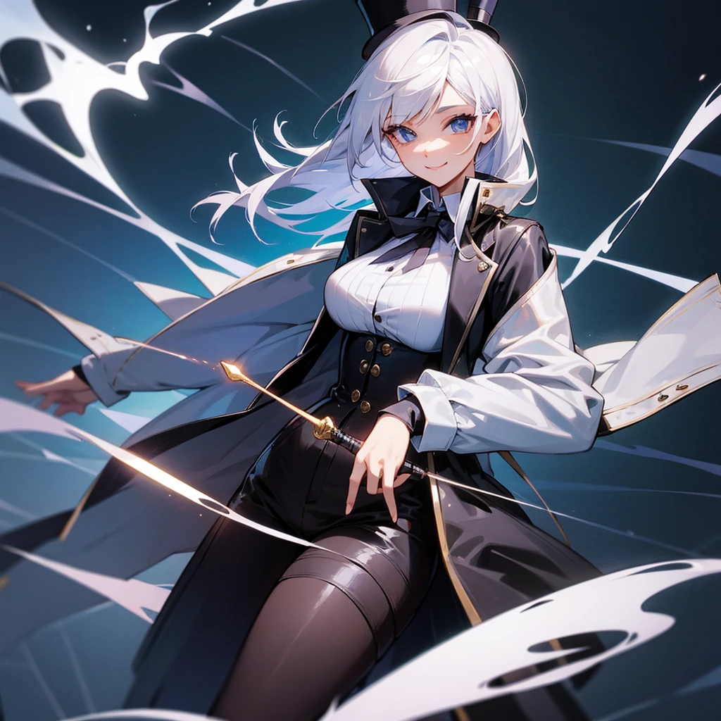 female, top hat, magic wand, open leather jacket, high wire socks, smile, white hair, medium breasts