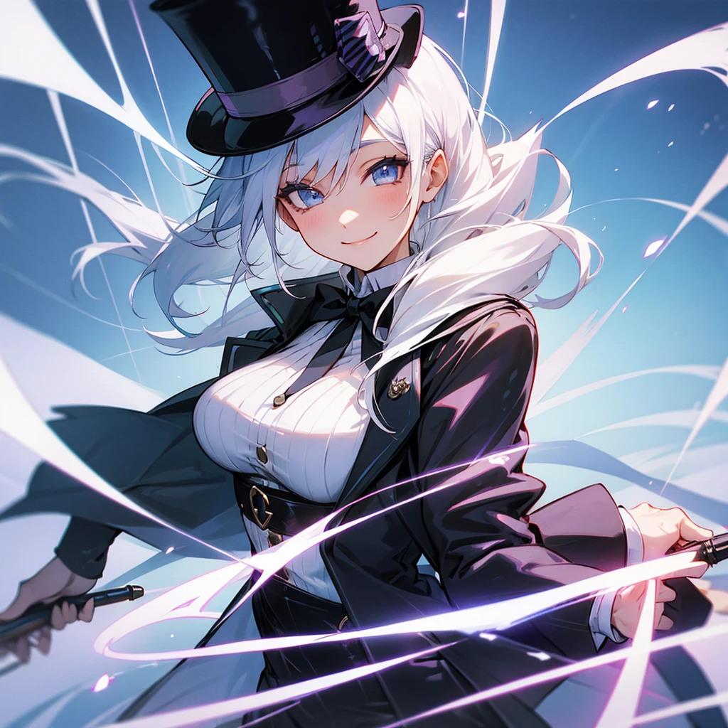female, top hat, magic wand, open leather jacket, high wire socks, smile, white hair, medium breasts