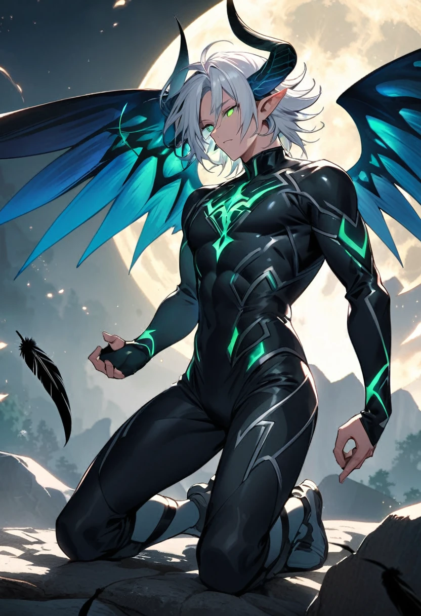 image of a male character kneeling on a rock under the full moon. The character has white hair, glowing green eyes, and large blue wings. He is wearing dark, form-fitting combat-style clothing. Modify the character to have pointed ears and curved horns, adding a mystical or demonic touch. Small feathers are floating around, emphasizing his likely celestial or magical origin