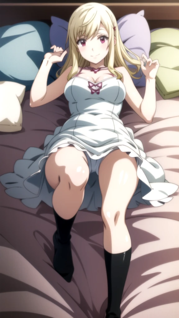 Anime girl lying on the bed in underwear., seductive anime girl, Best Anime Girl,  high school, beautiful and seductive anime woman, beautiful seductive anime teen, oppai, anime hi-fructose, attractive anime girl, anime girl named lucy, female anime character, anime girls, sankaku complex anime image, (anime girl) Yamada mocking smile_yellow, 1chica , by rubio, alone, wide, hair ornament, , smile, bow, red eyes my dress darling anime, beautiful seductress anime anime