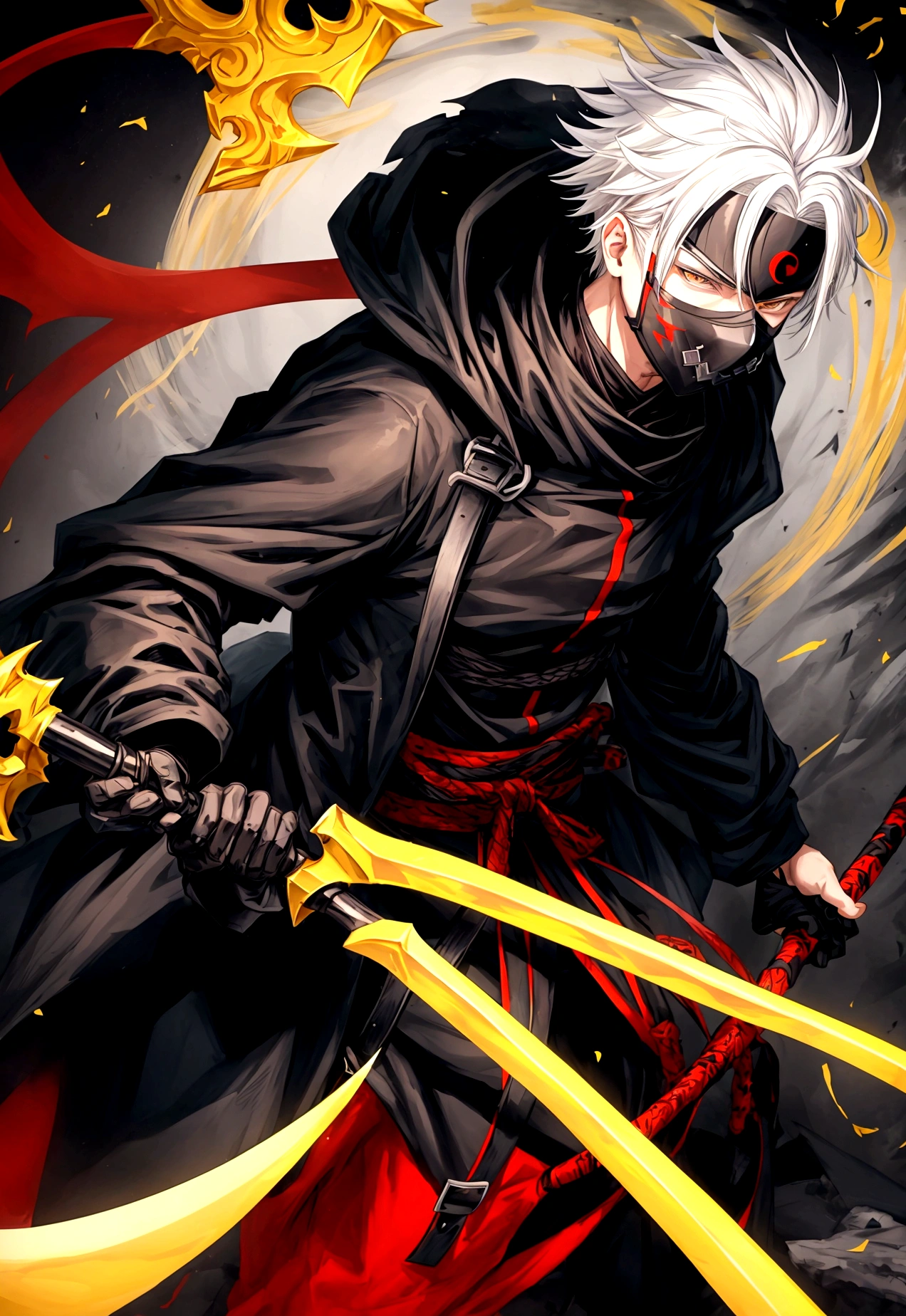   man with white hair, brown eyes, wearing a black ninja suit with yellow stripes with a red and black scythe and a mask that covers his mouth.