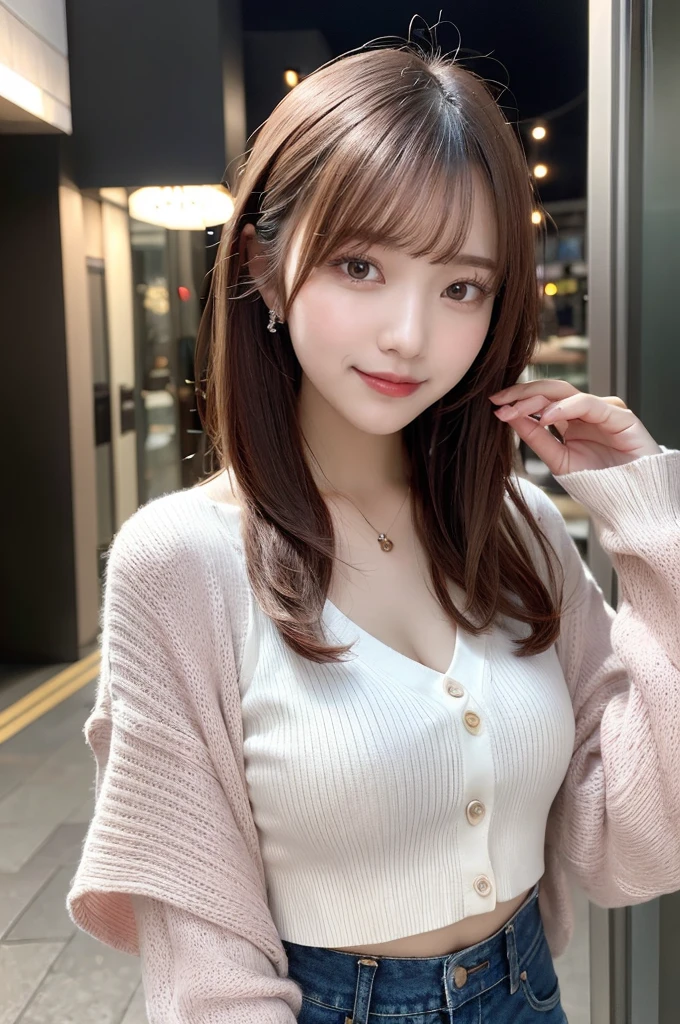 (highest qualityのディテール)、Realistic、8k Ultra HD、High resolution、(One Girl:1.2)、(Pink Hair), The Ultra-detailed、High quality textures、Intricate details、Ultra-detailed、Highly detailed CG、High quality shadows、Beautiful and delicate face、Beautiful and delicate eyes、Depth of written boundary、Ray Tracing、20th Generation、Cute K-Pop Girls、(The Face of Ulzan in Korea)、Narrow Face、(ulzzang-6500-v1.1:0.6)、Purelos Face_v1、Glow Eyes、Perfect body、 View the viewer、(highest qualityのディテール:1.2)、Realistic、8k Ultra HD、High resolution、(One Girl:1.2)、The Ultra-detailed、High quality textures、Intricate details、cheek、Glossy lips,(A delicate and wonderful smile)、high resolution, Best image quality, highest quality, Photorealistic, 4K 8k Ultra HD Full Color RAW Photos, Fujifilm(Medium format), hasselblad, Carl Zeiss, (Hit the knee)、High resolution, High pixel count, Clear details, Clear images, Natural color reproduction, Noise Reduction, High fidelity, quality, Optimized Algorithms, Professional-level retouching,(Pink Hair), (length)、(Layered Hairstyles), The description of Beautiful and delicate hair、White cardigan、Moe sleeves、Denim Damaged Jeans、Night Street、neon、(A delicate and wonderful smile),