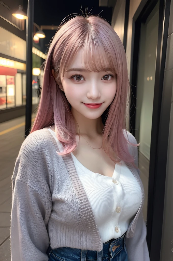 (highest qualityのディテール)、Realistic、8k Ultra HD、High resolution、(One Girl:1.2)、(Pink Hair), The Ultra-detailed、High quality textures、Intricate details、Ultra-detailed、Highly detailed CG、High quality shadows、Beautiful and delicate face、Beautiful and delicate eyes、Depth of written boundary、Ray Tracing、20th Generation、Cute K-Pop Girls、(The Face of Ulzan in Korea)、Narrow Face、(ulzzang-6500-v1.1:0.6)、Purelos Face_v1、Glow Eyes、Perfect body、 View the viewer、(highest qualityのディテール:1.2)、Realistic、8k Ultra HD、High resolution、(One Girl:1.2)、The Ultra-detailed、High quality textures、Intricate details、cheek、Glossy lips,(A delicate and wonderful smile)、high resolution, Best image quality, highest quality, Photorealistic, 4K 8k Ultra HD Full Color RAW Photos, Fujifilm(Medium format), hasselblad, Carl Zeiss, (Hit the knee)、High resolution, High pixel count, Clear details, Clear images, Natural color reproduction, Noise Reduction, High fidelity, quality, Optimized Algorithms, Professional-level retouching,(Pink Hair), (length)、(Layered Hairstyles), The description of Beautiful and delicate hair、White cardigan、Moe sleeves、Denim Damaged Jeans、Night Street、neon、(A delicate and wonderful smile),