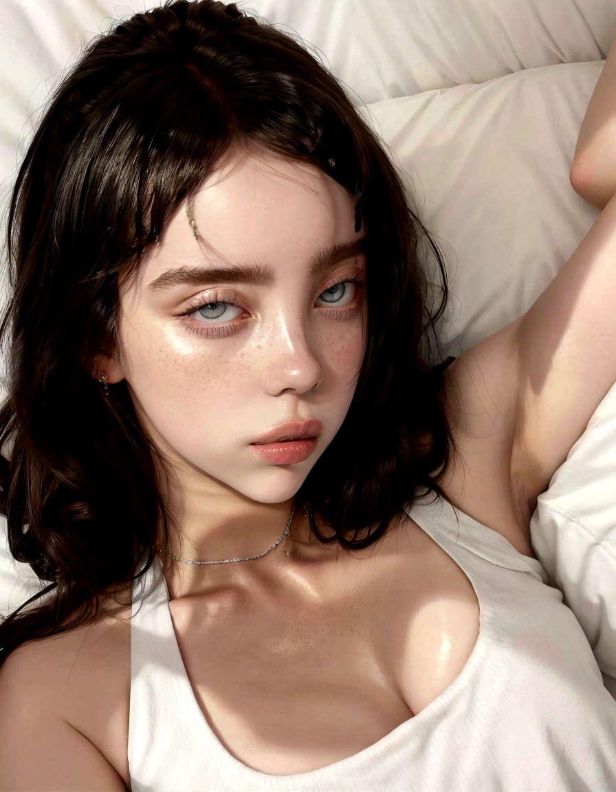 a close-up of a woman lying on a bed wearing a white t-shirt, Portrait Sophie Mudd, beautiful latin face, cara sexy, Madison Beer, beautiful body and face, pretty-face-fine girl, beautiful delicate face, Instagram Template, Madison Beer girl portrait, beautiful detailed body and face, soft freckles, extremely beautiful face, Dua Lipa