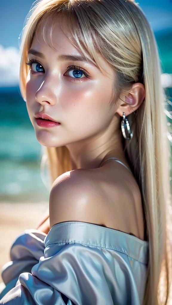 ((sfw: 1.4)), (( detailed face, cute face, detailed face, professional photography)), ((from side)), (( off-the-shoulder top)), (( Shiny platinum blonde silk hair, beautiful shiny bangs, big clear sky blue eyes, very beautiful bright eye highlights, earrings, 1 Girl)), Ultra High Resolution, (Realistic: 1.4), RAW Photo, Best Quality, (Photorealistic Stick), Focus, Soft Light, ((15 years old)), (( (young face))), (surface), (depth of field), masterpiece, (realistic), woman, bangs, ((1 girl))