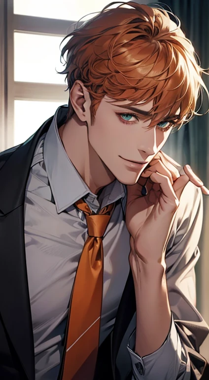 (Highest quality,4K,8K,High resolution,masterpiece:1.2),Super detailed,(Realistic,photoRealistic,photo-Realistic:1.37),1 person,31 years old,Mature Men,Beautiful skin、very handsome,Expressionless smile in love,Short orange hair,green eyes,Sharp Eyes,A perfect face without a doubt,Businessman,Office Background,Cinema Lighting,HDR image,tie、