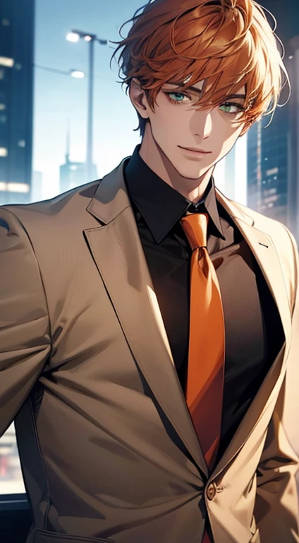 (Highest quality,4K,8K,High resolution,masterpiece:1.2),Super detailed,(Realistic,photoRealistic,photo-Realistic:1.37),1 person,31 years old,Mature Men,Beautiful skin、very handsome,Expressionless smile in love,Short  orange hair,green eyes,Sharp Eyes,A perfect face without a doubt,Businessman,Office Background,Cinema Lighting,HDR image,tie、