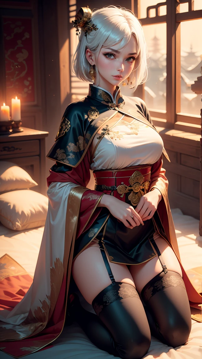 A very beautiful 19 year old woman, ((white hair)), bob haircut, shorth hair, ((big yellow eyes:1,2)) ((light light golden eyes:0,5)) ((Glowing gold Eyes:0,5)) red nails, young and beautiful face, brawny, slim body, but well proportioned, perfect white skin, high detailed drawing, lifelike face. (((Wearing traditional Chinese imperial clothing, black with gold decorations:1,5))) ((black clothes with gold details:0,5)) ((black cloak with golden decorations:0,5)) ((black dress with gold details,)) (((red skirt com detalhes dourados:1,5))) ((red skirt with gold details:0,5)) ((red skirt:0,3)) ((with red Hanafuda earrings:0,5)) ((black garter belt with thigh high stockings:0,3)) Kneeling on a white bed in an ancient Chinese room, with full moon and stars visible through the window at night, with flashes of light reflecting off your body. 4k anime art, perfect lighting.